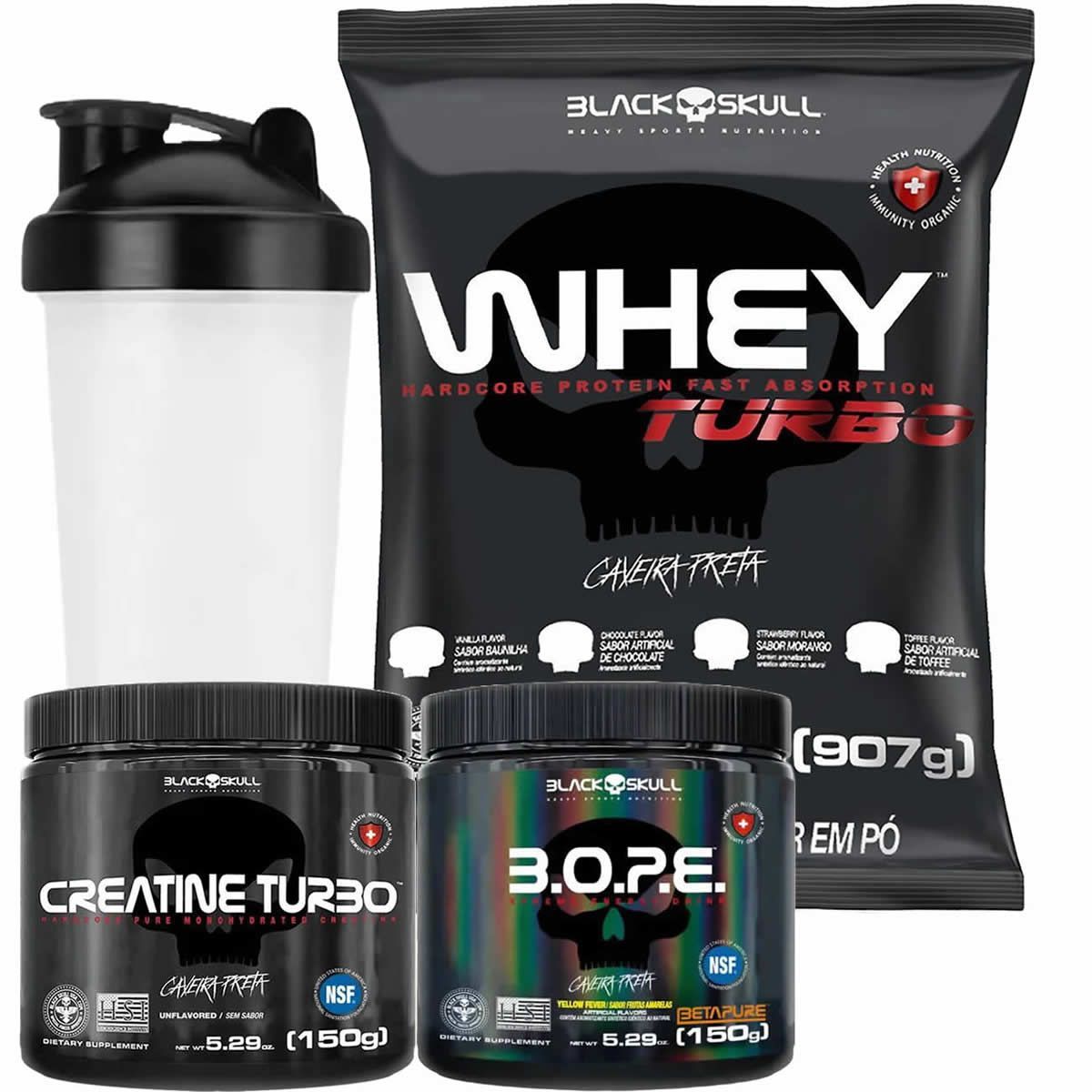 Kit Whey Turbo 900g Toffee + Bope 150g Frutas Amarelas + Creatina Turbo 150g + Coqueteleira - Black Skull