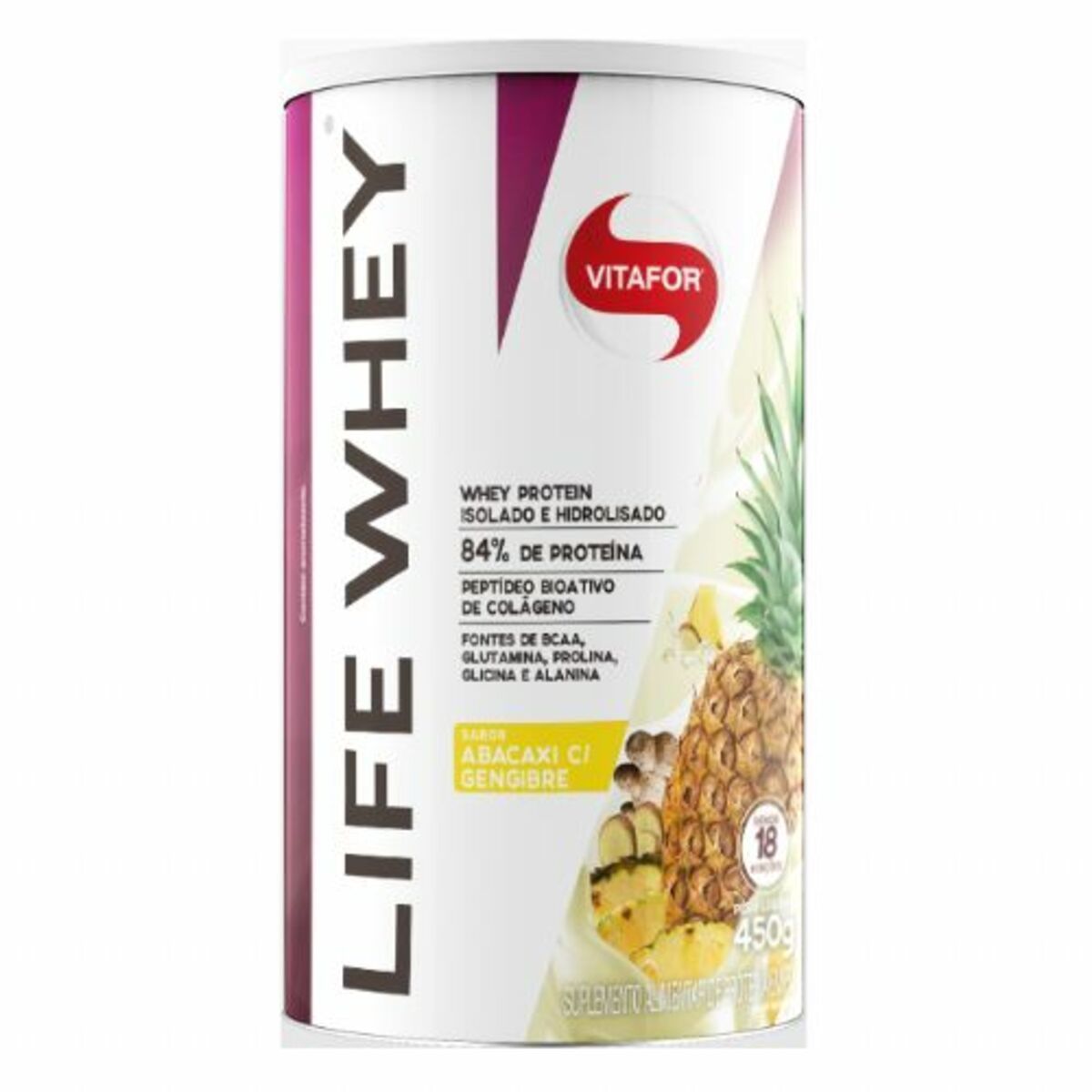 Life Whey Protein Isolado e Hidrolisado - 450g Abacaxi com Gengibre - Vitafor*** Data Venc. 30/08/2020