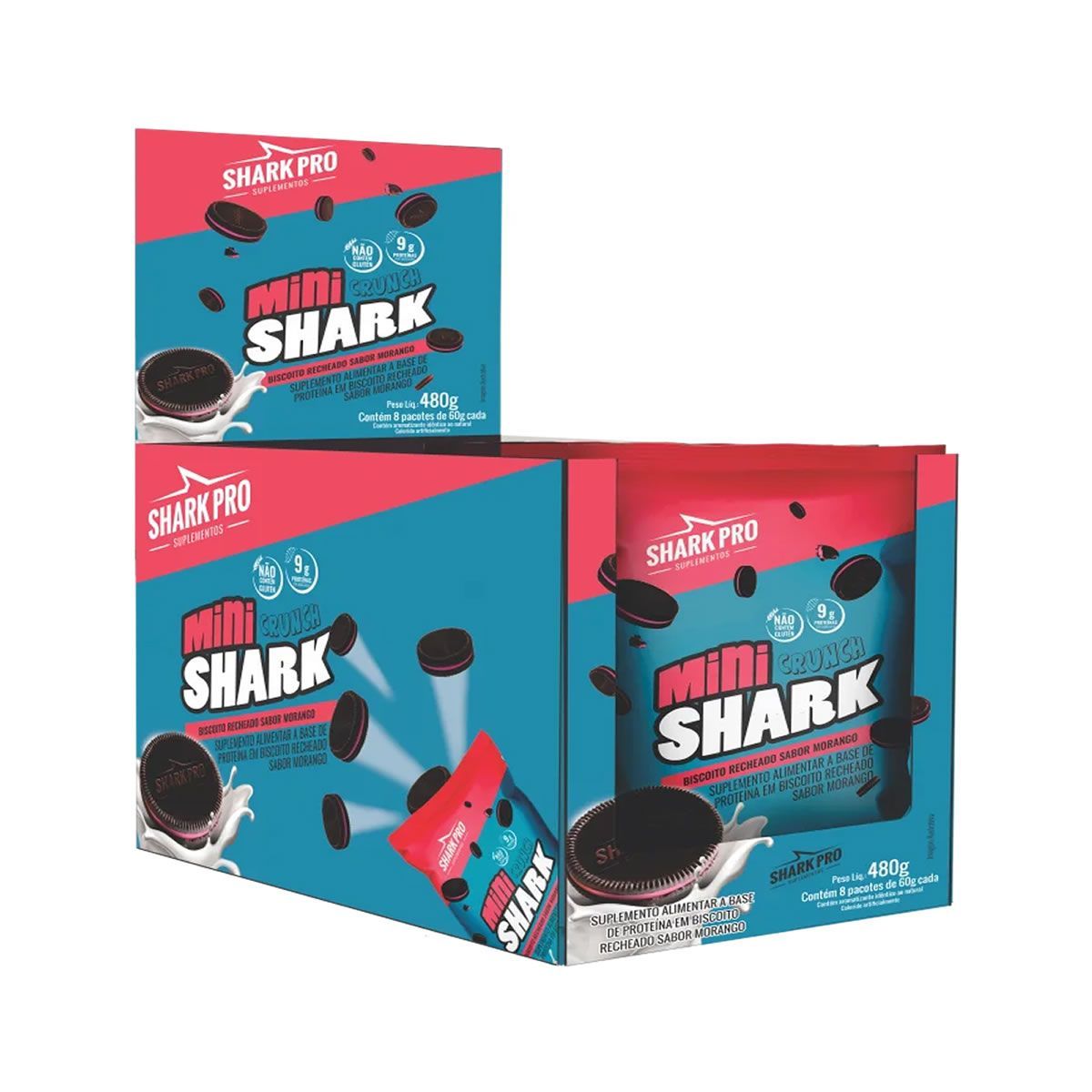 Mini Crunch - 8 Pacotes 60g Morango - Shark Pro