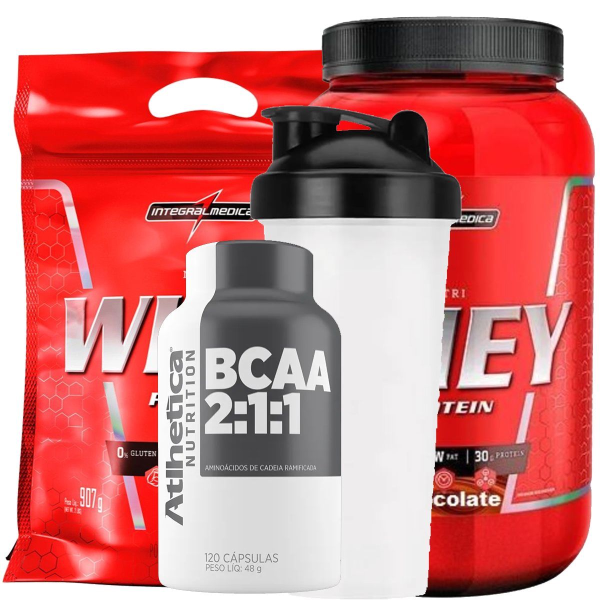 Nutri Whey Chocolate + Refil+ Coqueteleira + BCAA - Kit Massa Integralm�dica