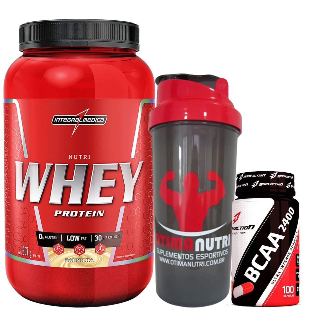 Nutri Whey Protein 907g Baunilha + BCAA 2400 - 100 caps + Coqueteleira 600ml - Integralm�dica