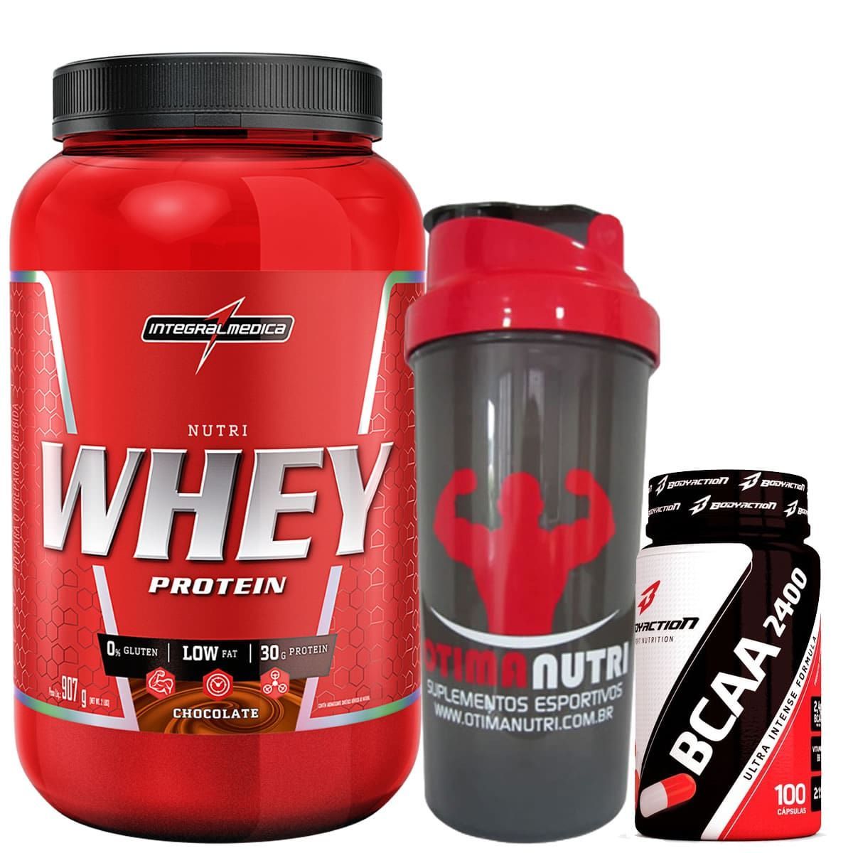 Nutri Whey Protein 907g Chocolate + BCAA 2400 - 100 caps + Coqueteleira 600ml - Integralm�dica