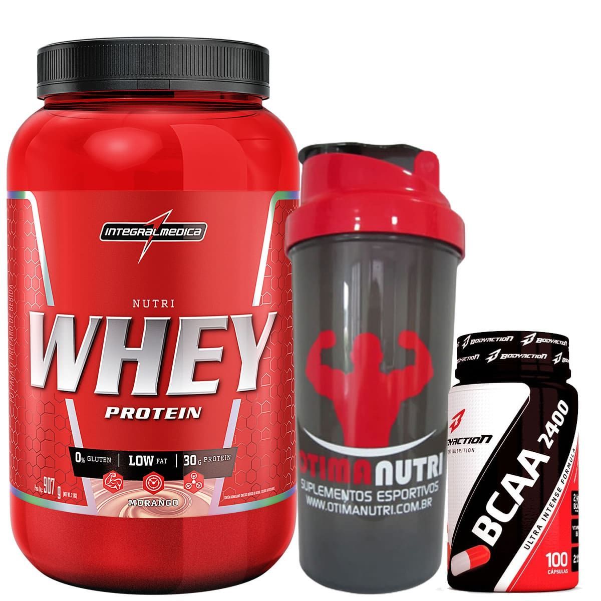 Nutri Whey Protein 907g Morango + BCAA 2400 - 100 caps + Coqueteleira 600ml - Integralm�dica