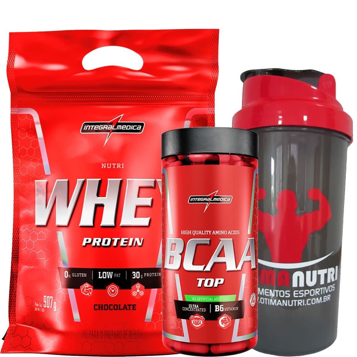 Nutri Whey Protein Refil 907g Choco + Amino BCAA TOP 120 caps + Coqueteleira 600ml - Integralm�dica