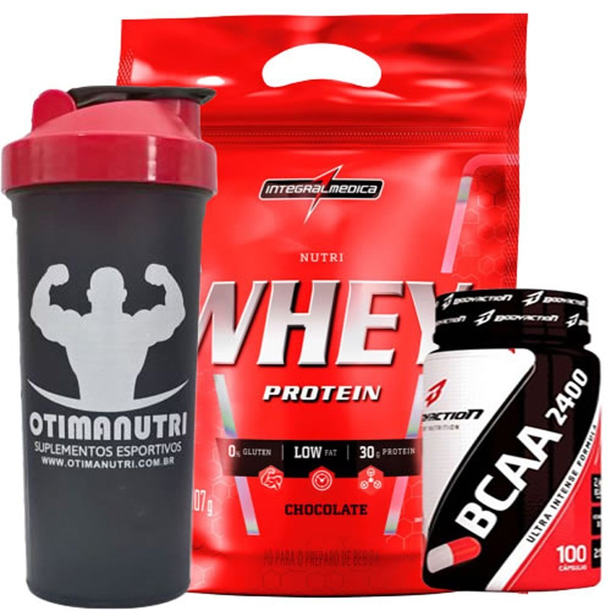 Nutri Whey Protein Refil 907g Chocolate + BCAA 2400 - 100 caps + Coqueteleira 600ml - Integralm�dica