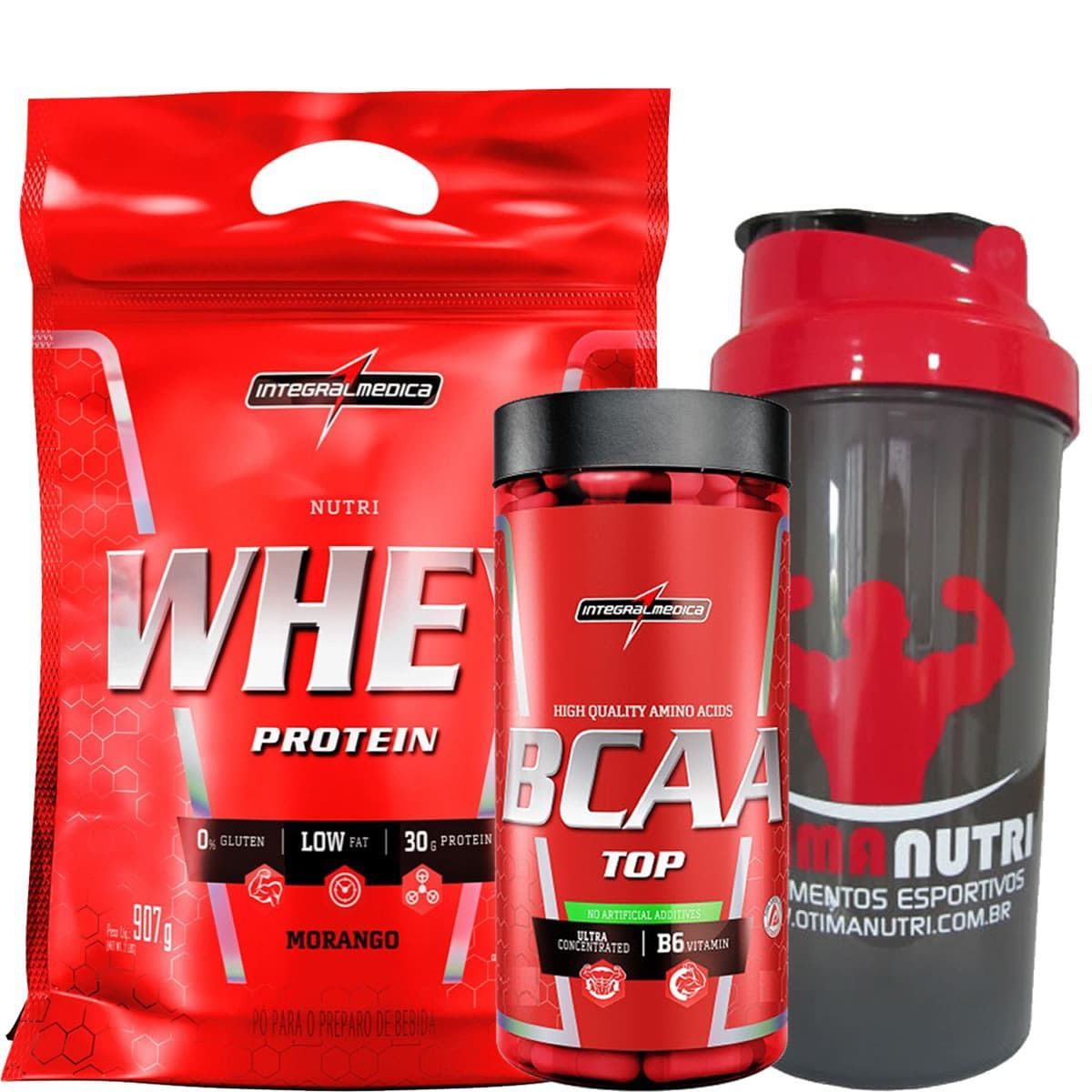Nutri Whey Protein Refil 907g Morango + Amino BCAA TOP 120 caps + Coqueteleira 600ml - Integralm�dica
