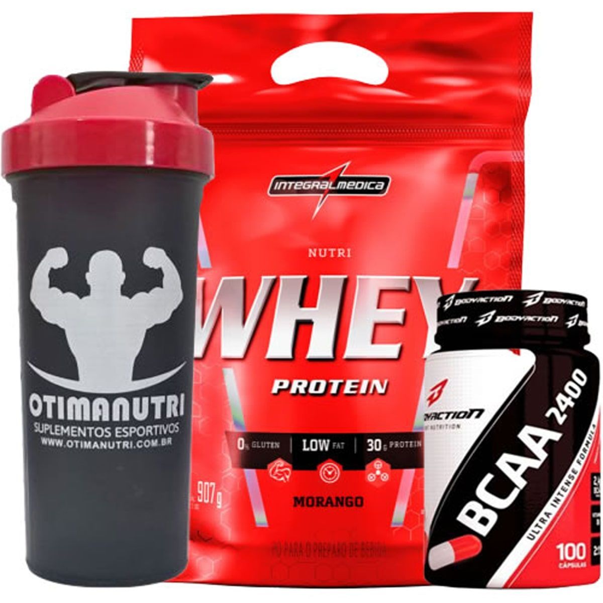 Nutri Whey Protein Refil 907g Morango + BCAA 2400 - 100 caps + Coqueteleira 600ml - Integralm�dica