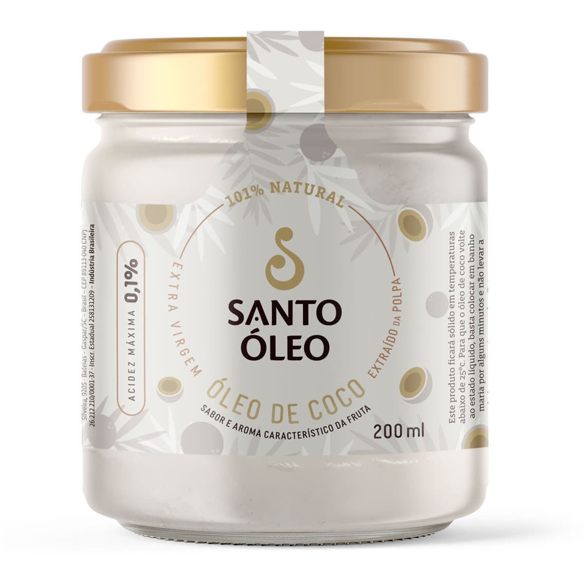 �leo de Coco Extra Virgem de Polpa  - 200ml - Santo �leo *** TAMPA AVARIADA *** Data Venc. 02/08/2026