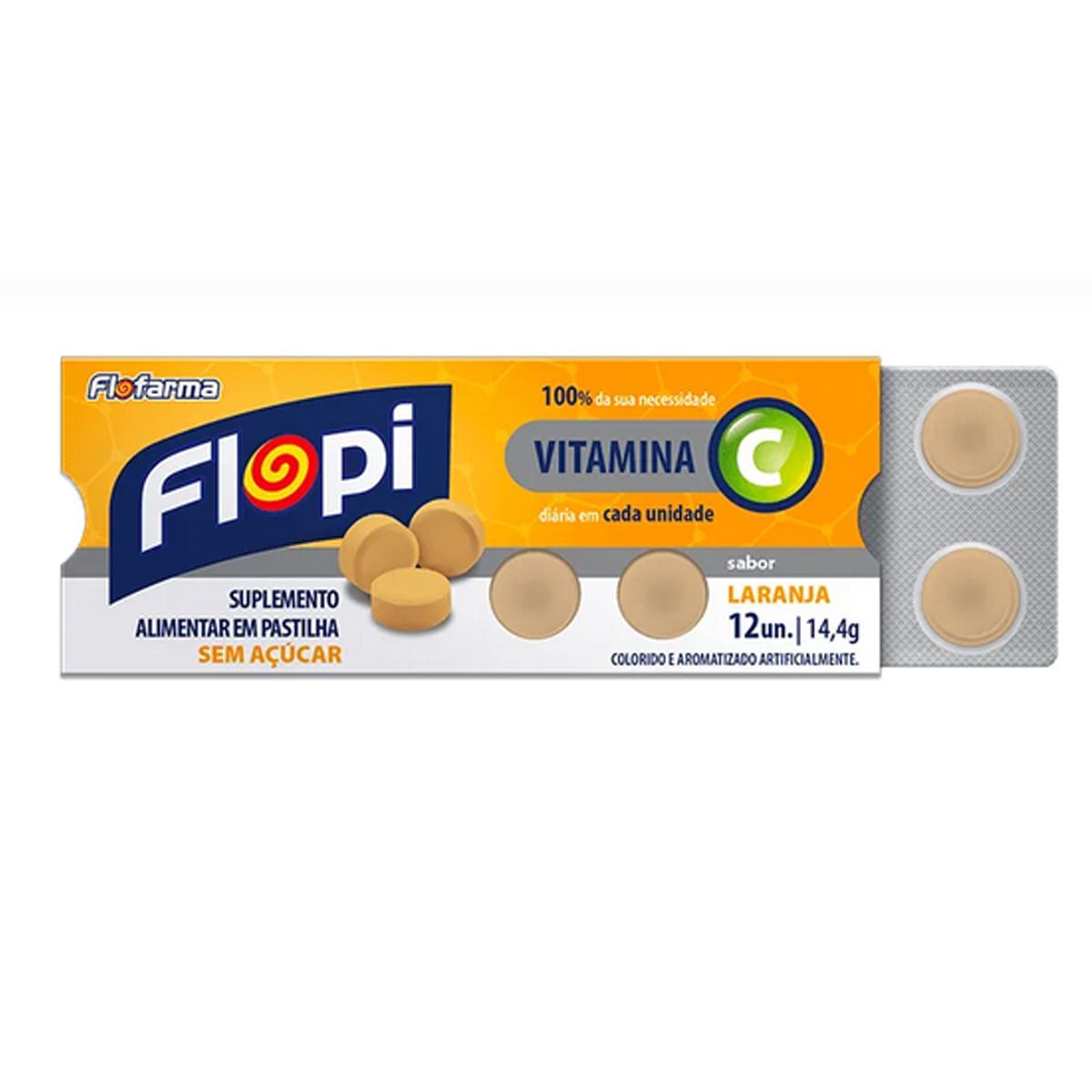 Pastilha Vitamina C Flopi - 12 Unidades Laranja - Flofarma