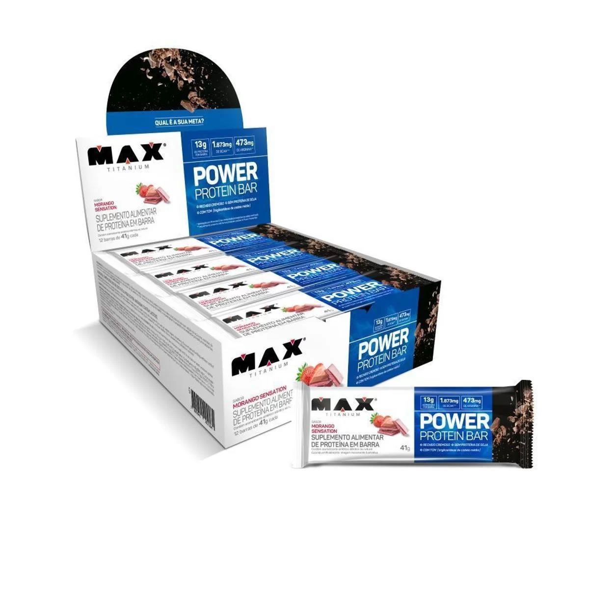 Power Protein Bar - 12 unidades 41g Morango Sensation - Max Titanium