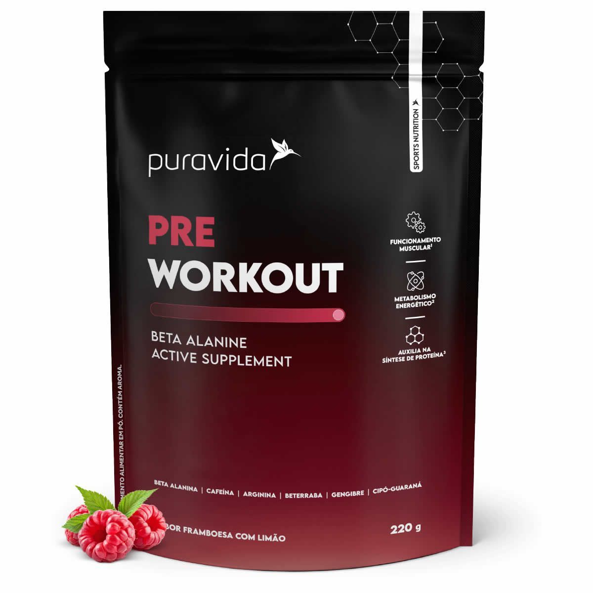 Pre Workout Beta Alanine - 220g   Framboes com Lim�o - Puravida ***Data Venc. 30/08/2025