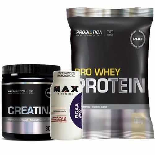 Pro Whey Protein 500g Baunilha + BCAA 60 C�psulas + Creatina 300g - Probi�tica