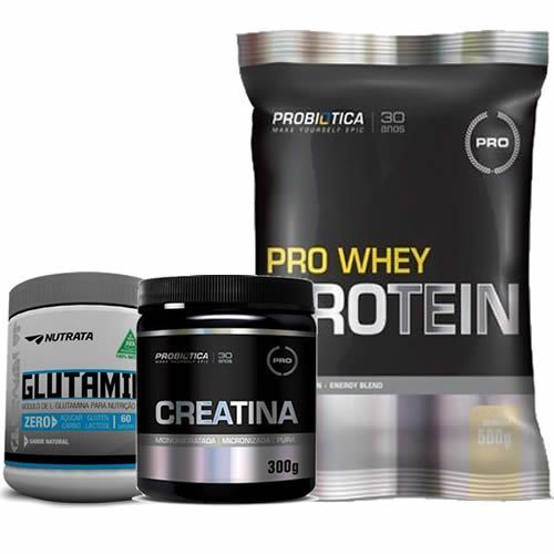 Pro Whey Protein 500g Baunilha + Glutamina 150g + Creatina 300g - Probi�tica