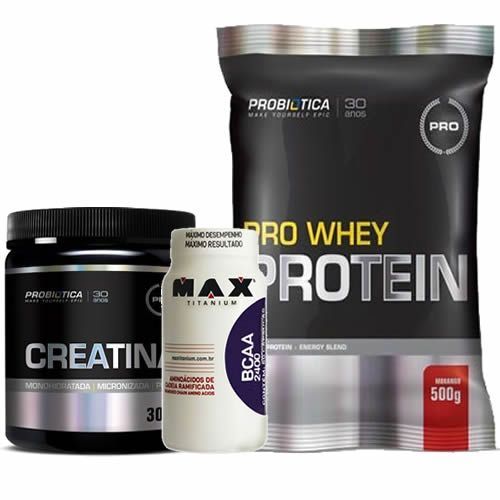 Pro Whey Protein 500g Morango + BCAA 60 C�psulas + Creatina 300g - Probi�tica