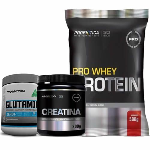 Pro Whey Protein 500g Morango + Glutamina 150g + Creatina 300g - Probi�tica