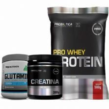Pro Whey Protein 500g Morango + Glutamina 150g + Creatina 300g - Probi�tica