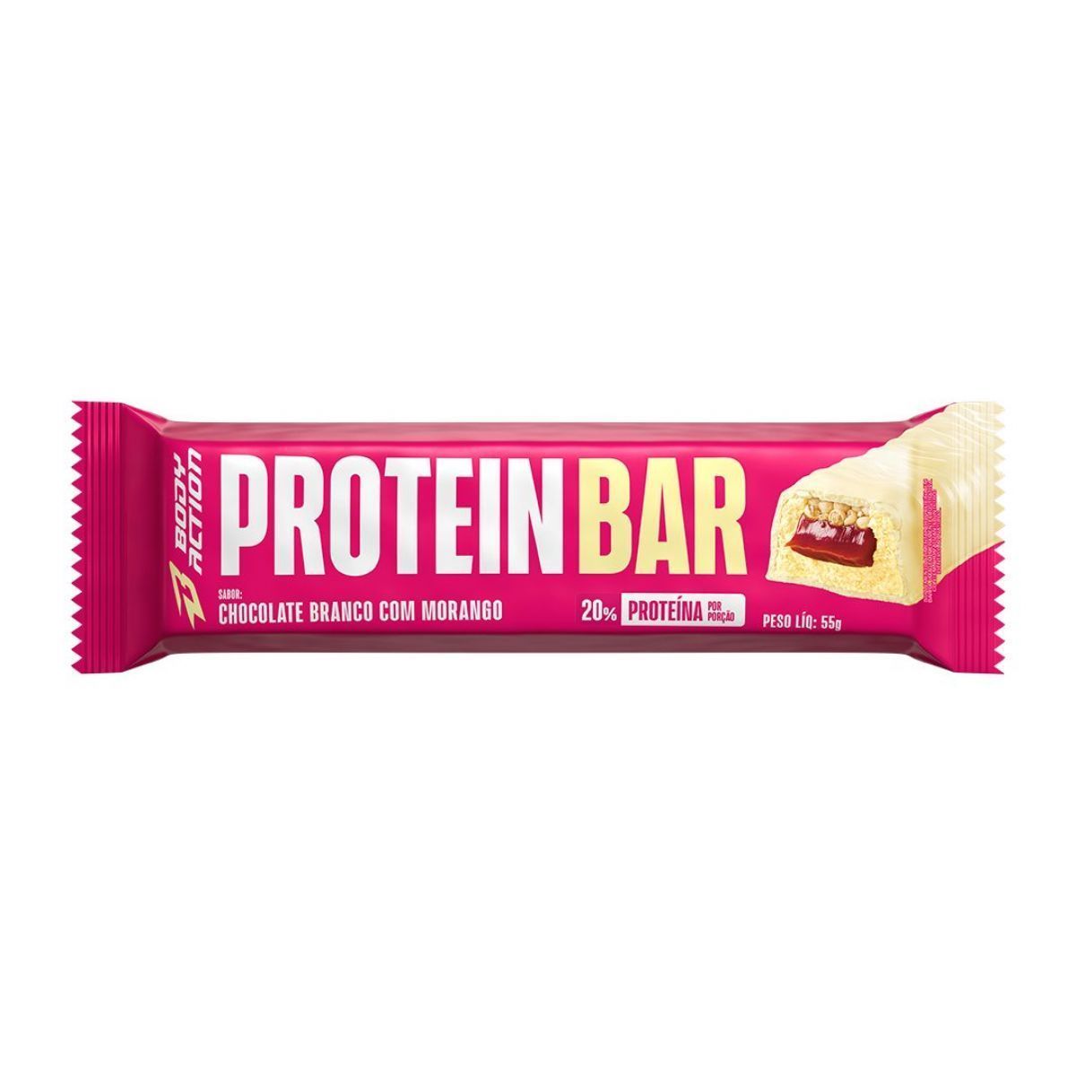 Protein Bar - 1 Unidade de 55g Chocolate Branco Com Morango - Bodyaction*** Data Venc. 05/12/2025