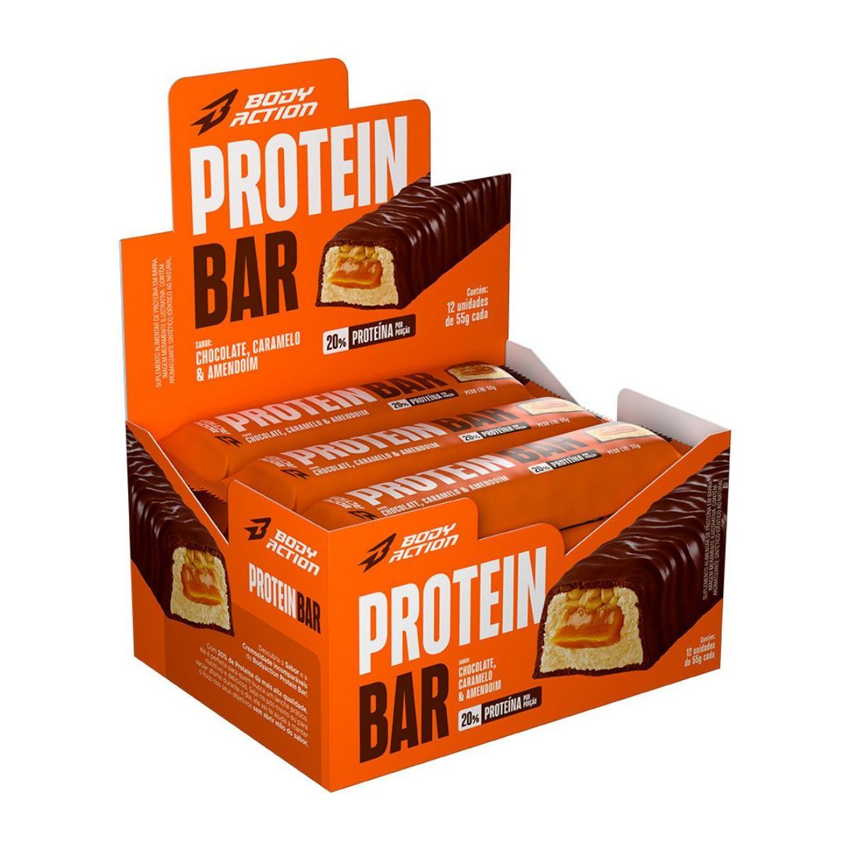 Protein Bar - 12 Unidades de 55g Caramelo Com Amendoim e Chocolate - Bodyaction