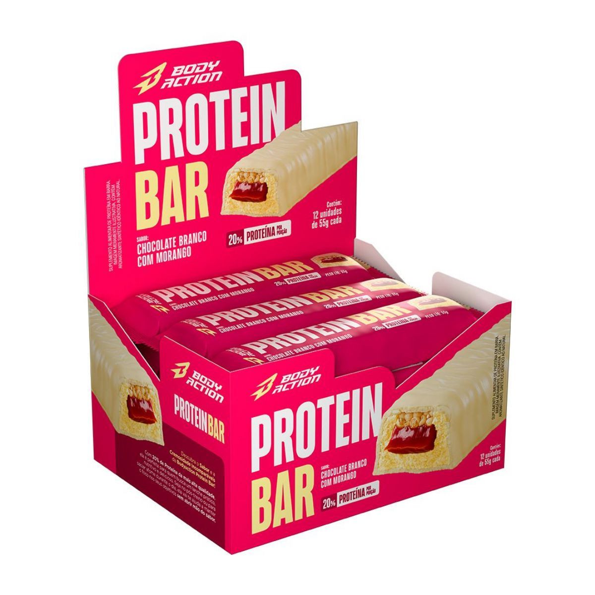 Protein Bar - 12 Unidades de 55g Chocolate Branco Com Morango - Bodyaction