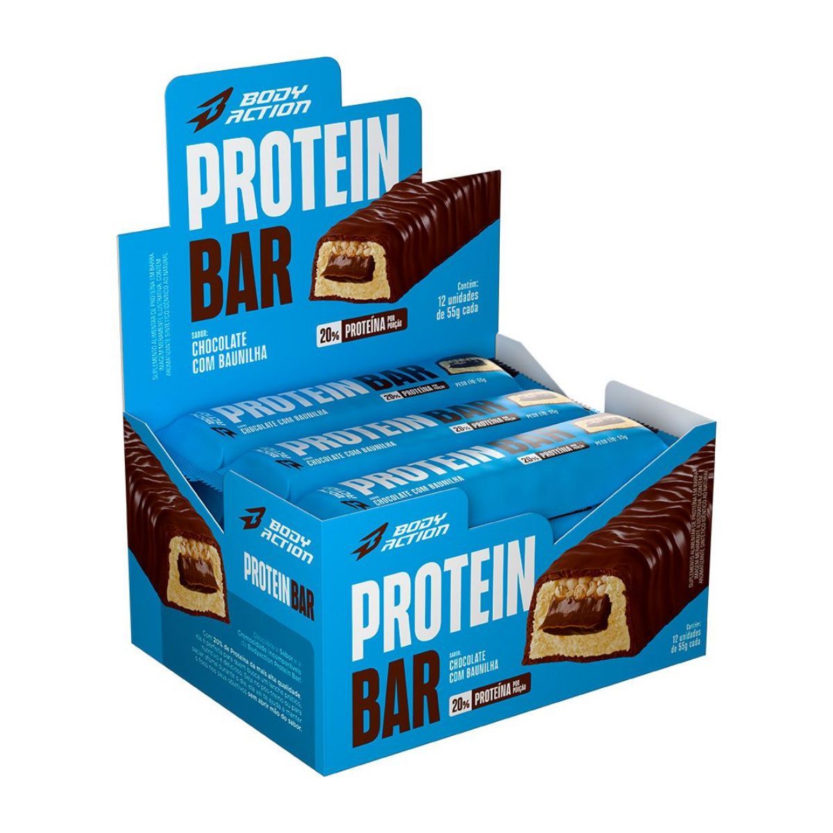 Protein Bar - 12 Unidades de 55g Chocolate Com Baunilha - Bodyaction
