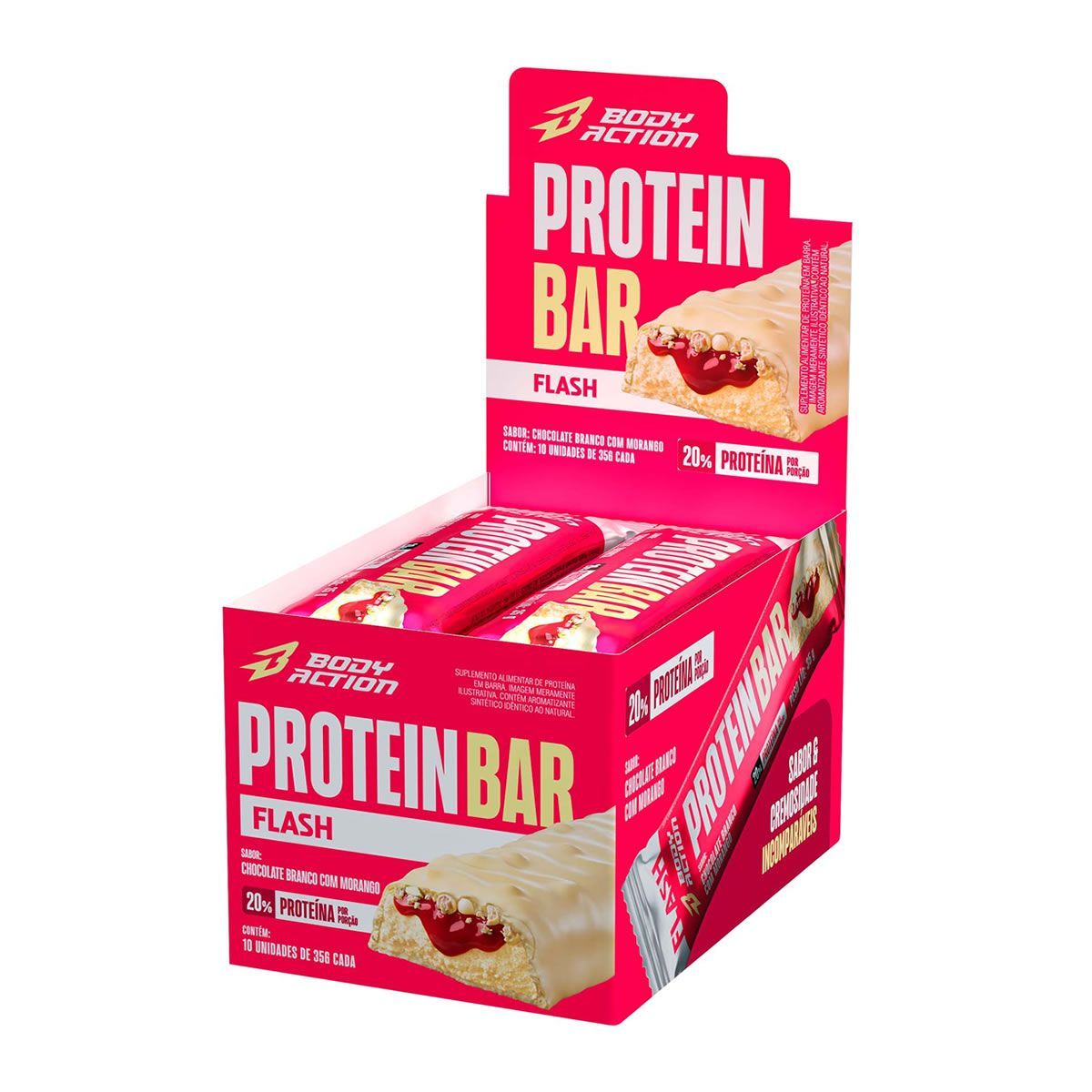 Protein Bar Flash - 10 Unidades 35g Chocolate Branco com Morango - Body Action