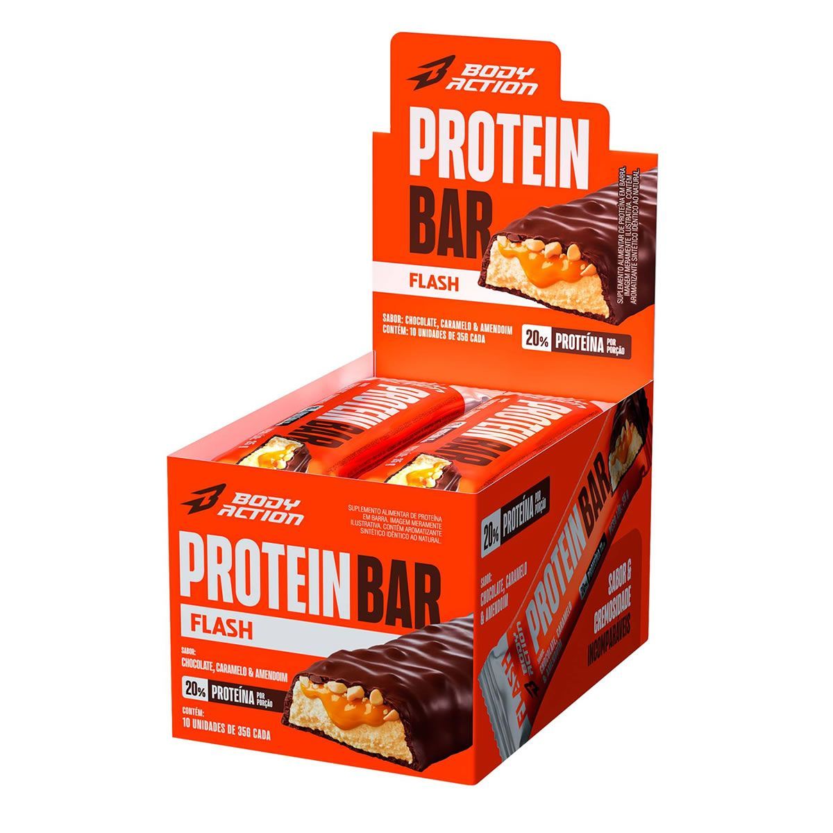 Protein Bar Flash - 10 Unidades 35g Chocolate, Caramelo e Amendoim - Body Action