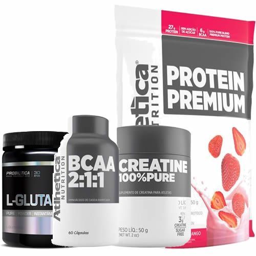Protein Premium 850g Morango + Bcaa 60 C�psulas + L-Glutamine 120g + Creatine 50g - Atlhetica Nutrition