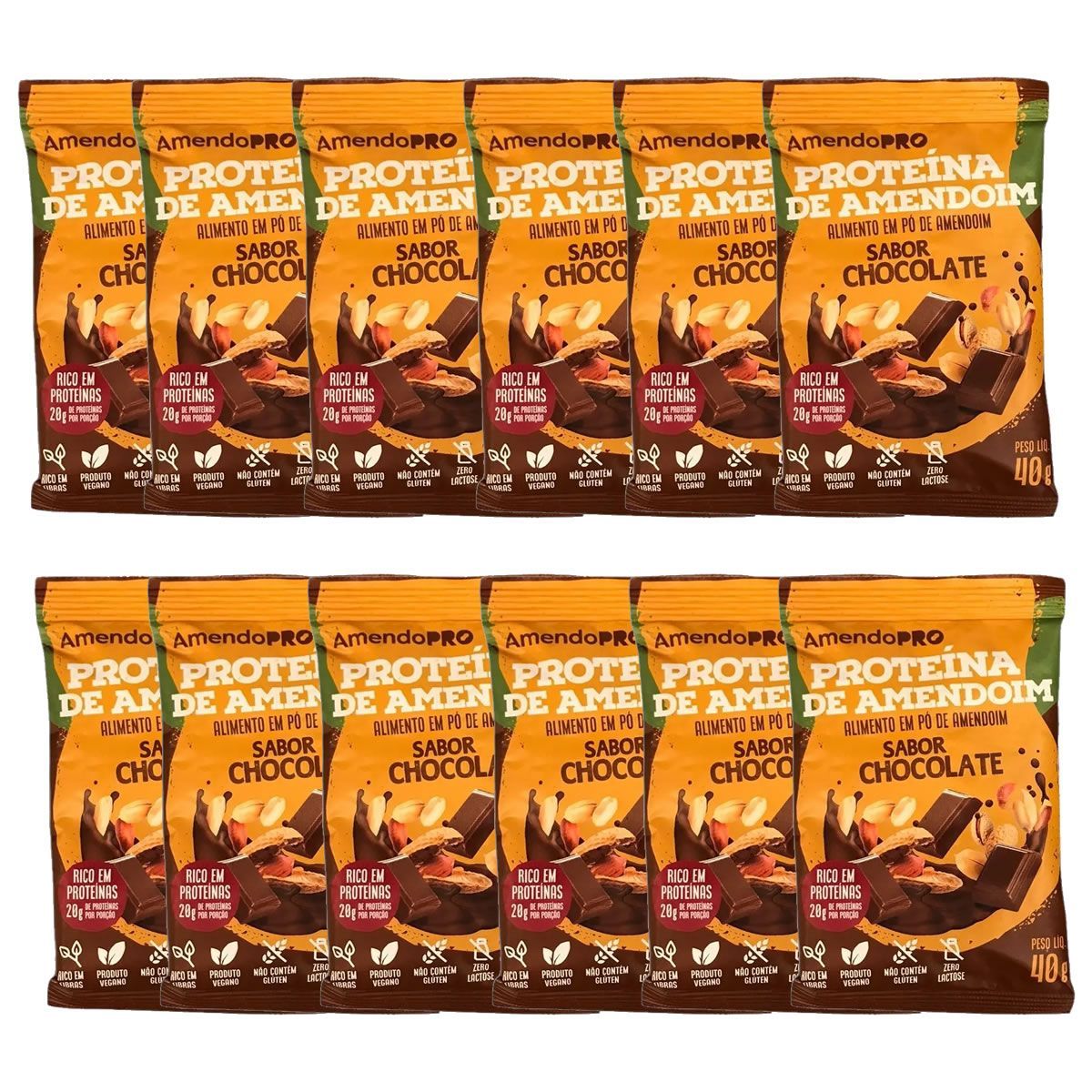 Proteina de Amendoim - 12 Unidades 40g Chocolate - AmendoPro