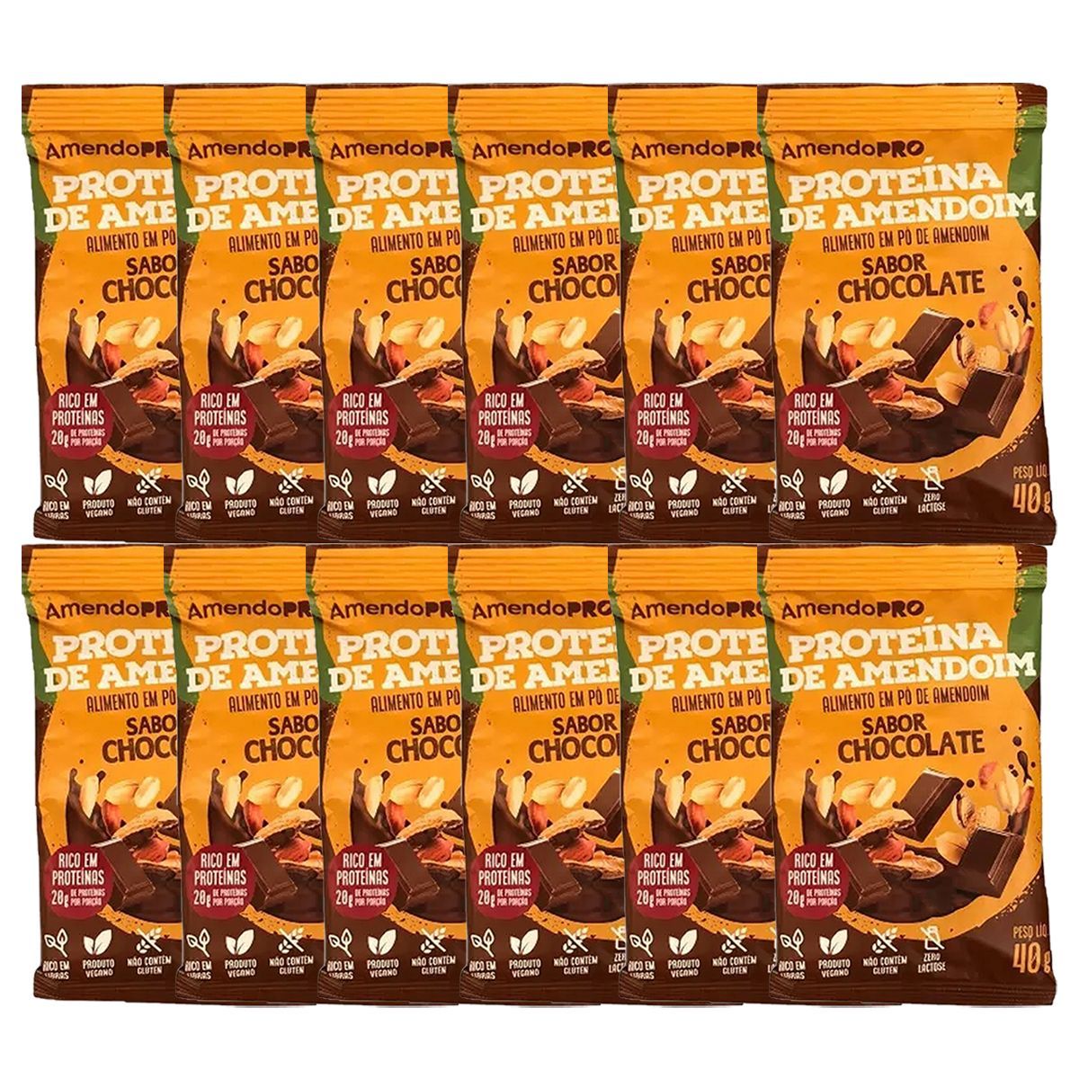 Proteina de Amendoim - 12 Unidades 40g Chocolate - AmendoPro*** Data Venc. 08/07/2026