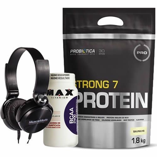 Strong 7 Protein 1800g Baunilha + BCAA 60 C�psulas + Fone de Ouvido Preto - MuscleMeds