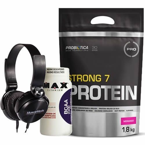 Strong 7 Protein 1800g Morango + BCAA 60 C�psulas + Fone de Ouvido Preto - MuscleMeds