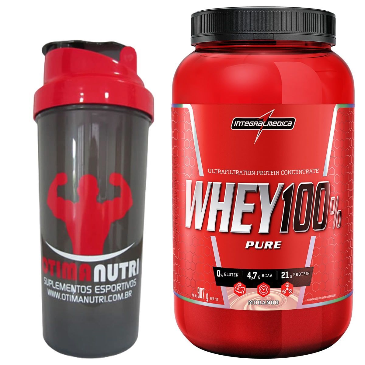 Super Whey 100% Pure - Morango 907g + Coqueteleira - Integralm�dica