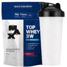 Top Whey 3W 1800g Morango + Coqueteleira 600ml Preta - Max Titanium