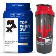 Top Whey 3W 900g Baunilha + Coqueteleira 600ml Preta - Max Titanium