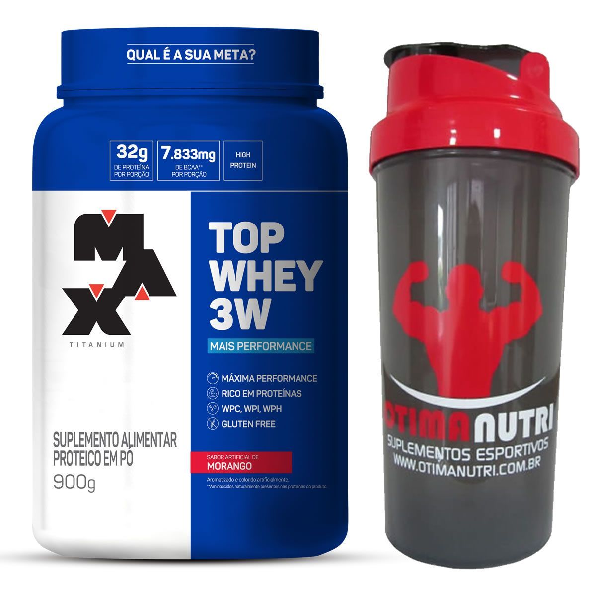 Top Whey 3W 900g Morango + Coqueteleira 600ml Preta - Max Titanium