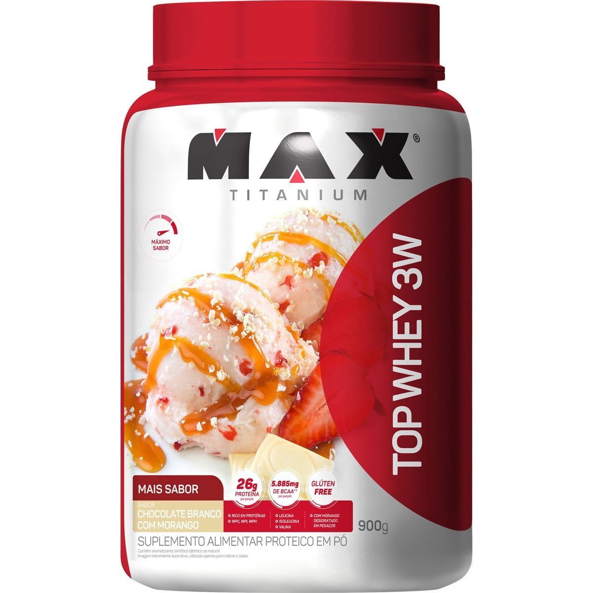 Top Whey 3W Mais Sabor - 900g Chocolate Branco com Morango - Max Titanium*** Data Venc. 16/06/2025
