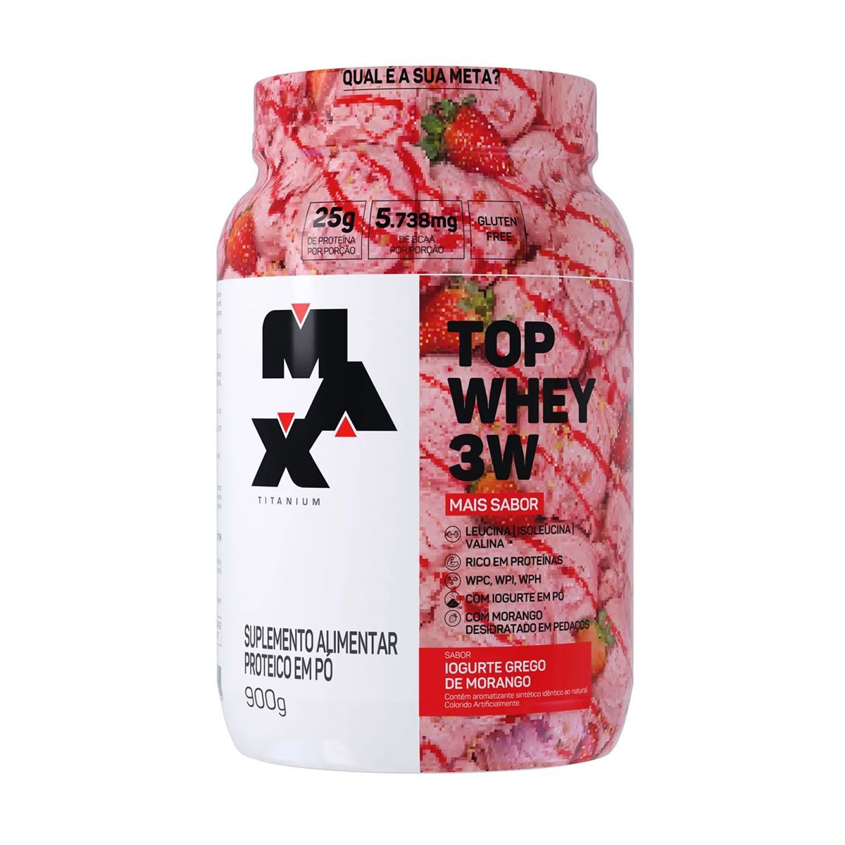 Top Whey 3W Mais Sabor - 900g Iogurte Grego de Morango - Max Titanium