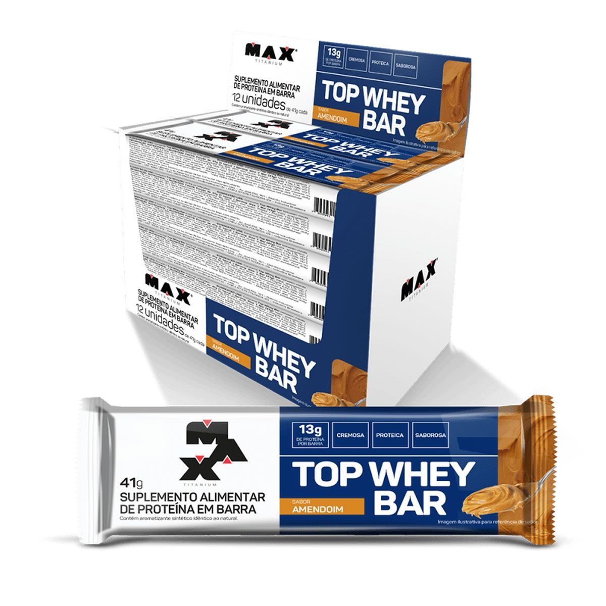 Top Whey Bar - 12 Unidades de 41g Amendoim - Max Titanium*** Data Venc. 24/09/2024