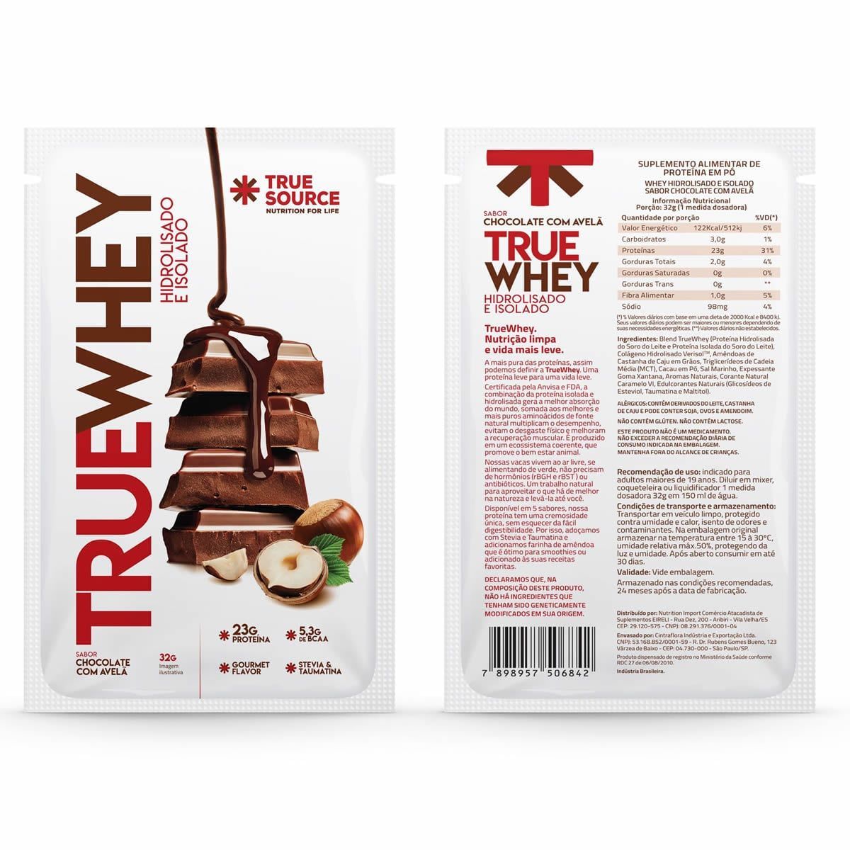 True Whey Hidrolisado e Isolado - 1 Sach�  32g Chocolate com Avel� - True Source