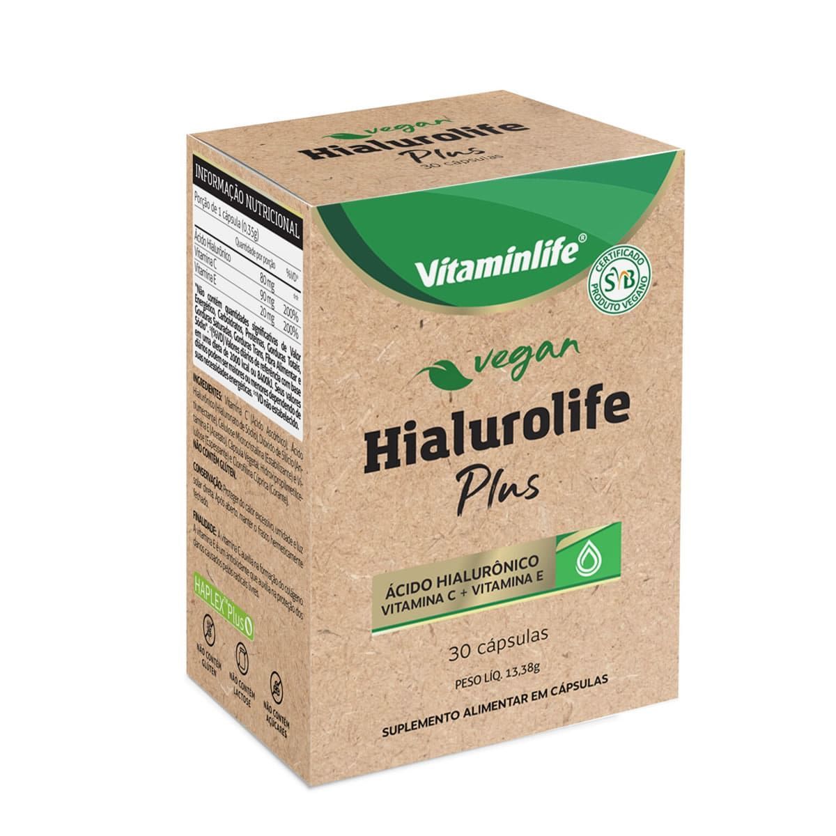 Vegan - Hialurolife Plus �cido Hialur�nico + Vit C + Vit E - 30 C�psulas - VitaminLife*** Data Venc. 30/6/23