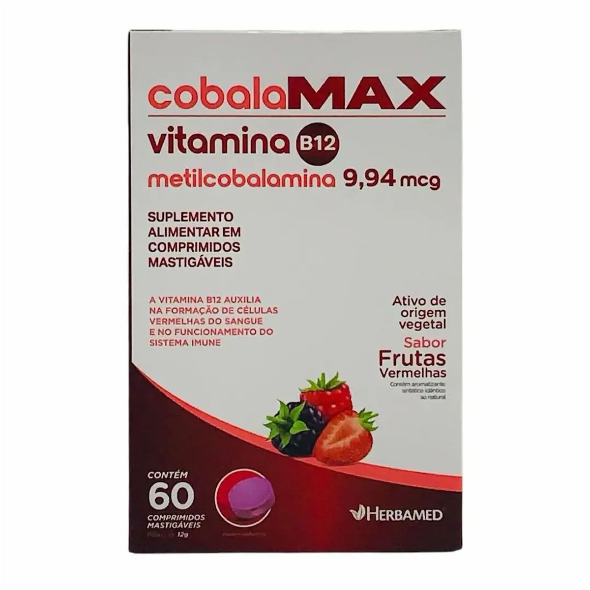 Vitamina B12 Metilcobalamina - 60 Comprimidos Frutas Vermelhas - Herbamed