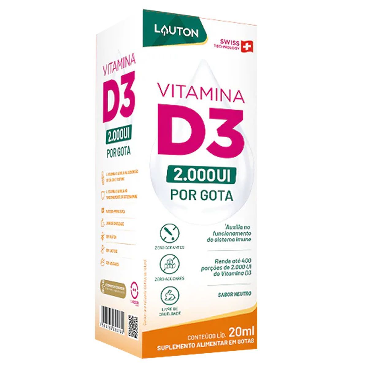 Vitamina D3 - 20ml Gota Neutro - Lauton Nutrition