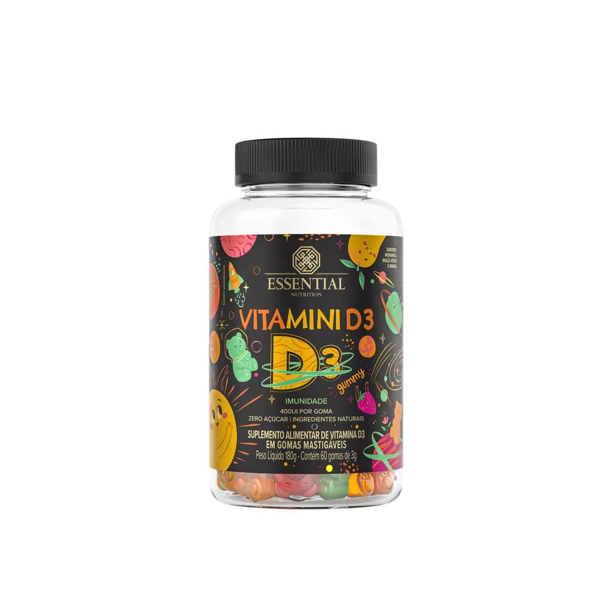 Vitamini D3 Gummy - 60 Gomas Morango, Ma�� Verde e Manga - Essential Nutrition
