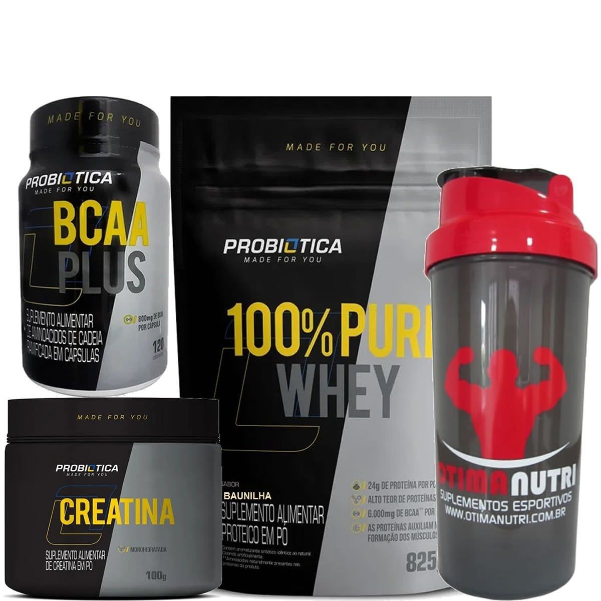 Whey 100% 907g Refil Baunilha +Creatina 100g +BCAA 120 C�ps +Coqueteleira - Probi�tica