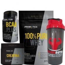 Whey 100% 907g Refil Baunilha +Creatina 100g +BCAA 120 C�ps +Coqueteleira - Probi�tica