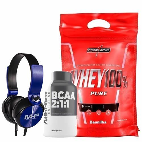 Whey 100% Pure - 907g Baunilha + Bcaa 60 C�psulas + Fone de Ouvido Azul - MHP