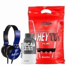 Whey 100% Pure - 907g Baunilha + Bcaa 60 C�psulas + Fone de Ouvido Azul - MHP