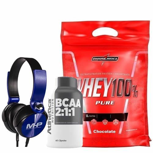 Whey 100% Pure - 907g Chocolate + Bcaa 60 C�psulas + Fone de Ouvido Azul - MHP