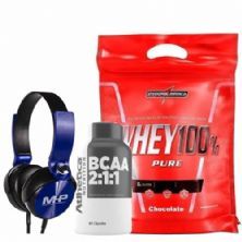 Whey 100% Pure - 907g Chocolate + Bcaa 60 C�psulas + Fone de Ouvido Azul - MHP