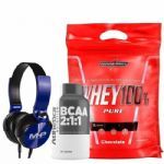 Whey 100% Pure - 907g Chocolate + Bcaa 60 C�psulas + Fone de Ouvido Azul - MHP